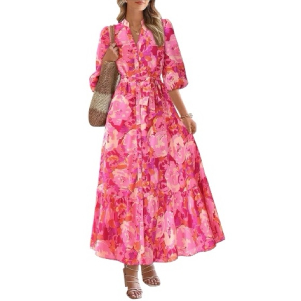 NWT Mascomoda Floral Boho Maxi Dress V-Neck Tie Waist Size M